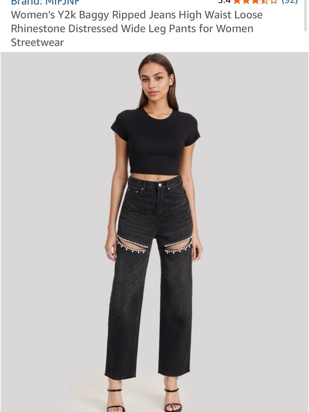 Women's High-Waist Baggy Rhinestone Distressed Jeans - Black